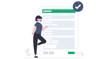 Eine simplifizierte Grafik von einer Person, die vor einem Formular mit einem Checkmark steht