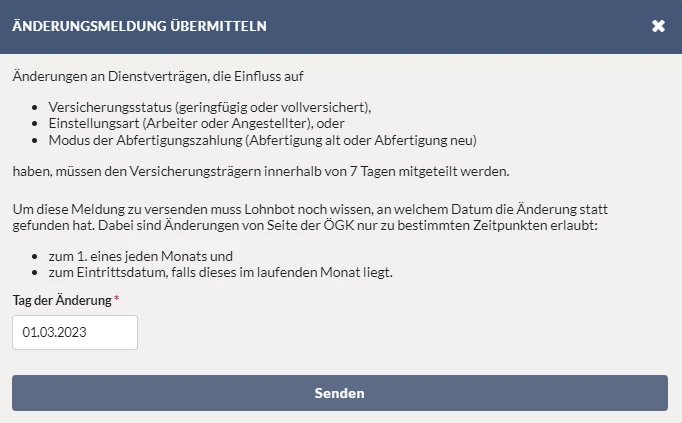 Informationsdialog für Änderungsmeldung übermitteln in Lohnbot