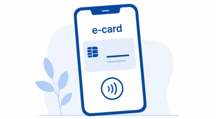 Person hält ein Smartphone mit der digitalen e-card in der App „MeineSV" vor ein e-card-Lesegerät (GINO) in einer Arztpraxis