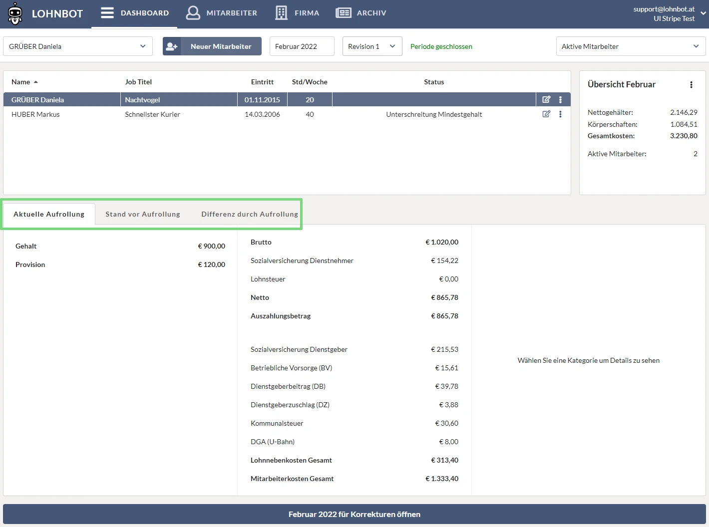 Lohnbot Dashboard nach Abschluss der Aufrollung