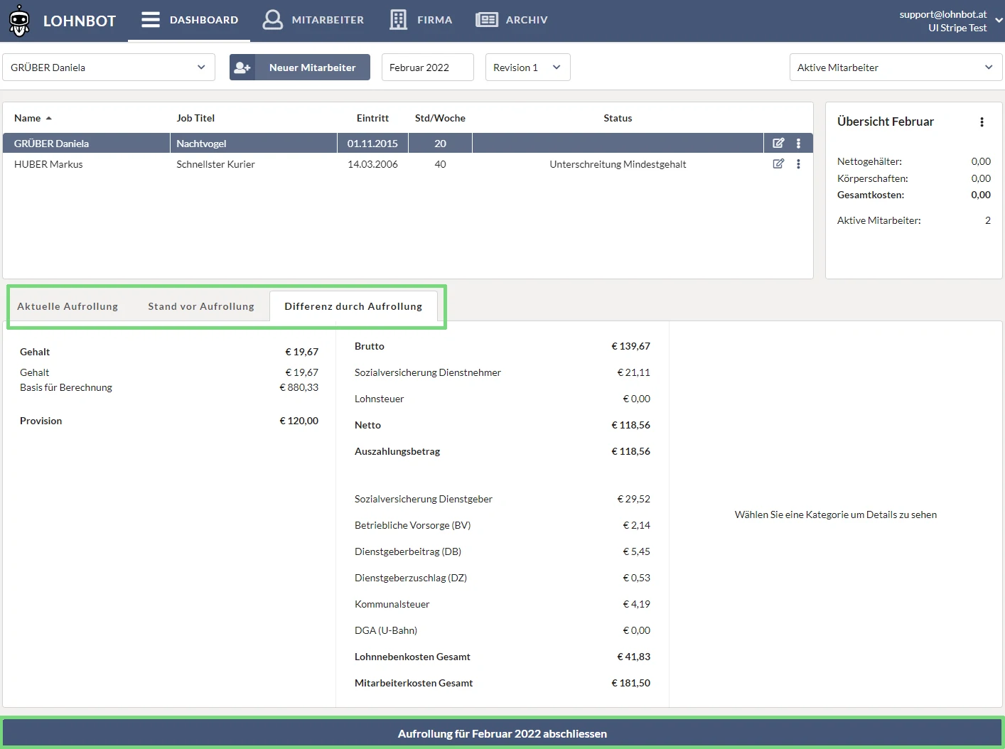 Lohnbot Dashboard der Aufrollung