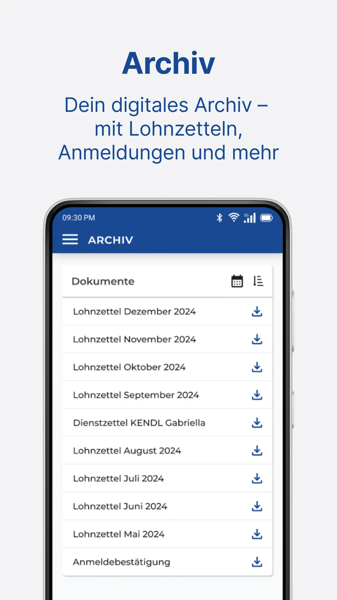 Überschrift ist 'Archiv', Subtitle ist 'Dein digitales Archiv - mit Lohnzetteln, Anmeldungen und mehr'. Zeigt die Tabelle im Archiv mit diversen Einträgen von Lohnzetteln, einem Dienstzettel und einer Anmeldebestätigung.