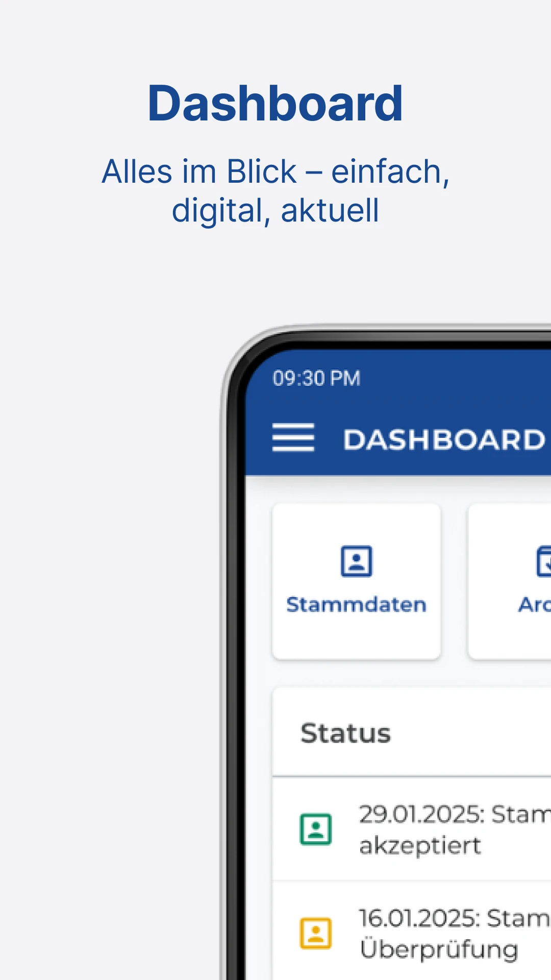 Lohnbot Mobile Dashboard Überschrift ist 'Dashboard', Subtitle ist 'Alles im Blick - einfach, digital, aktuell'. Zeigt einen Screenausschnitt mit einen Button 'Stammdaten' und eine Tabelle mit dem Titel 'Status'. Zwei Einträge sind in der Tabelle sichtbar, einer für eine erfolgreiche und eine für eine ausstehende Stammdatenanfrage.