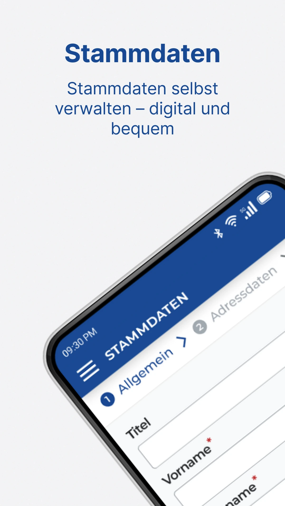 Überschrift ist 'Stammdaten', Subtitle ist 'Stammdaten selbst verwalten - digital und bequem'. Zeigt einen Screenausschnitt mit einem Formular zur Eintragung der Mitarbeitenden Stammdaten mit Feldern wie 'Titel' und 'Vorname'.