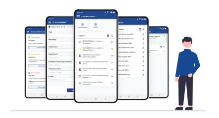 Zeigt eine Reihe von Lohnbot Mobile Screens mit einer Person die diese präsentiert