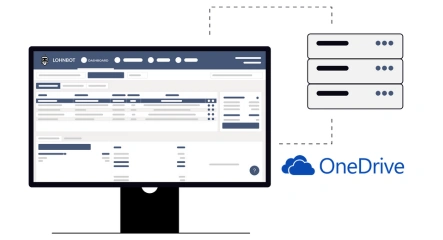 Eine Grafik zeigt Lohnbot als Desktop Anwendung verbunden mit einem Symbol für einen Server unter dem OneDrive steht