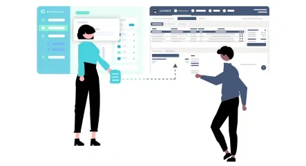 Zwei stilisierte Personen tauschen Einsatzdaten zwischen dem Quickjob-Dashboard (links) und dem Lohnbot-Dashboard (rechts) aus; darüber die Logos von Quickjob und Lohnbot.