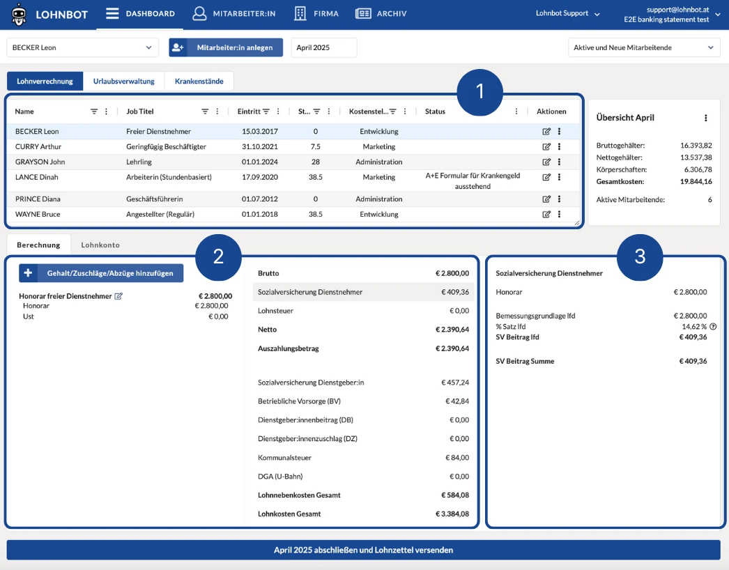Lohnbot Hero Image Beispiel Darstellung von Lohnbot Mitarbeitendentabelle. Inkludiert die Namen der Personen, deren Jobtitel, Eintrittsdatum, Stundenanzahl und Status. Die monatliche Kostenübersicht ist als Pop-up dargestellt.