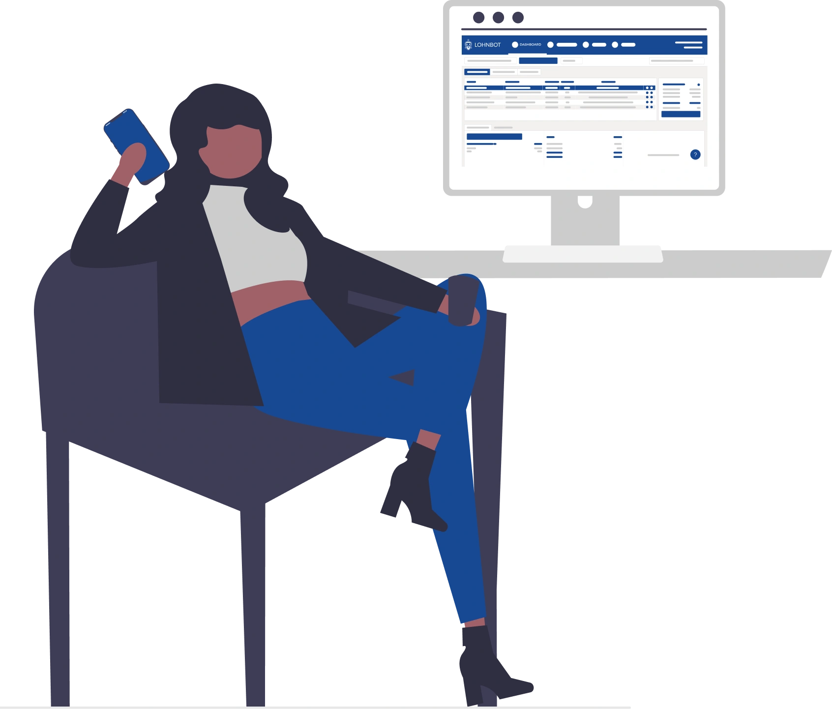 Person sitzt mit einem Handy vor einem Bildschirm auf dem das Lohnbot Dashboard geöffnet ist
