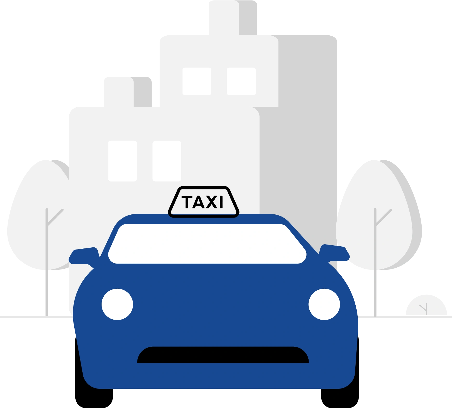 Ein blaues Taxi steht vor einem Bürogebäude